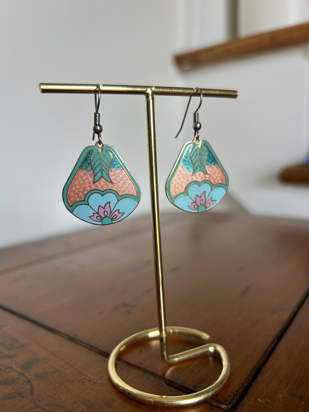 Art Deco Turquoise and Peach Floral Enamel Drop Earrings - Women Jewelry